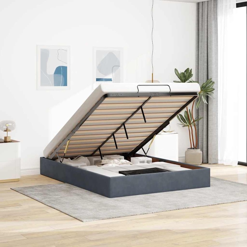 Cadre de lit ottoman sans matelas gris fonc 140x200 cm velours