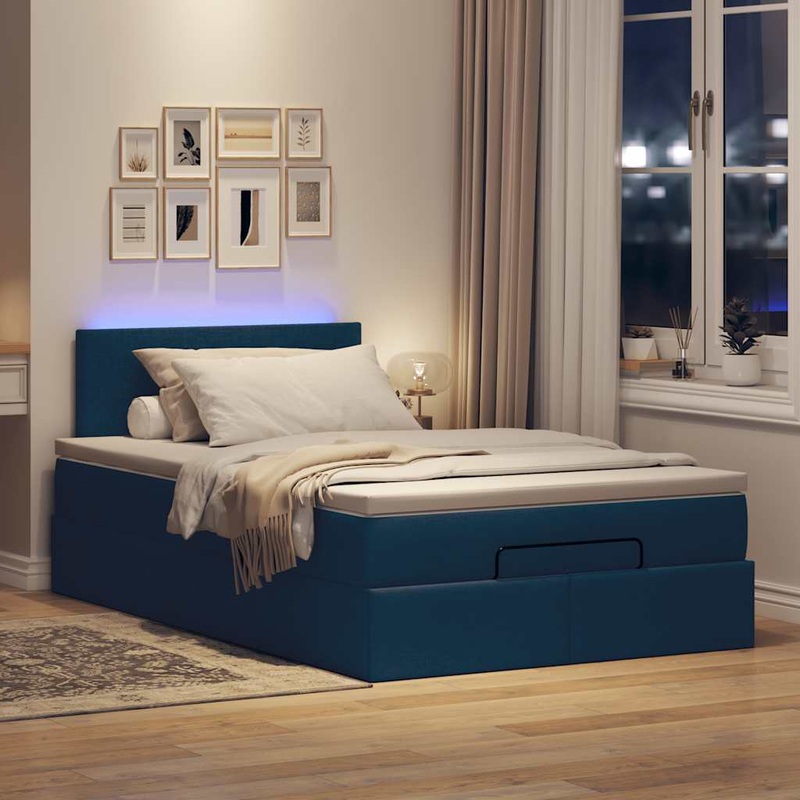 Lit ottoman avec matelas et LED bleu 120x190 cm tissu
