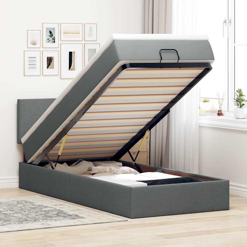 Lit ottoman avec matelas et LED gris fonc 90x200 cm tissu