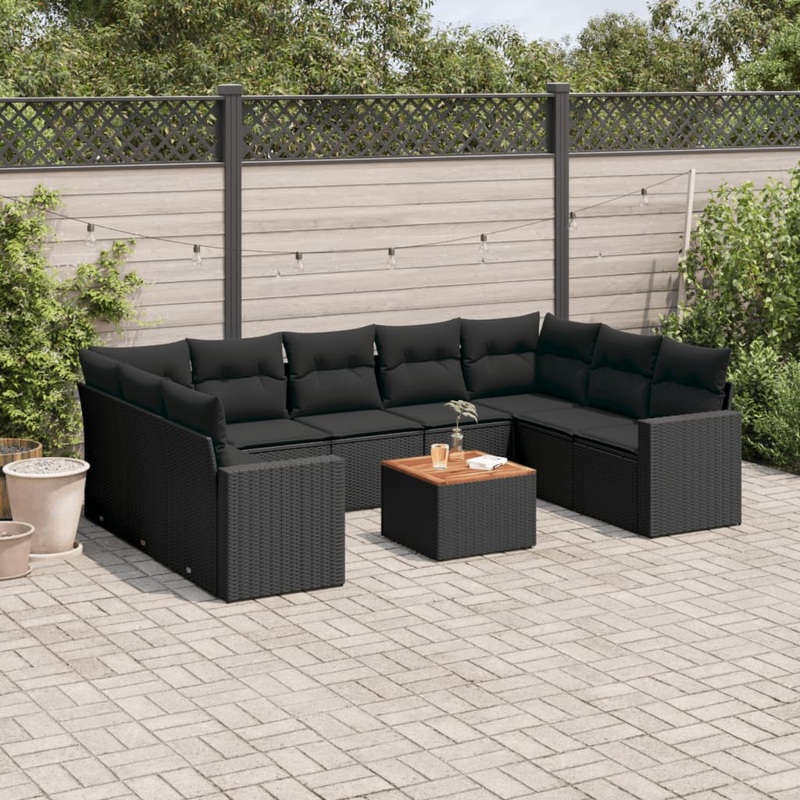 Salon de jardin 10 pcs avec coussins noir rsine tresse
