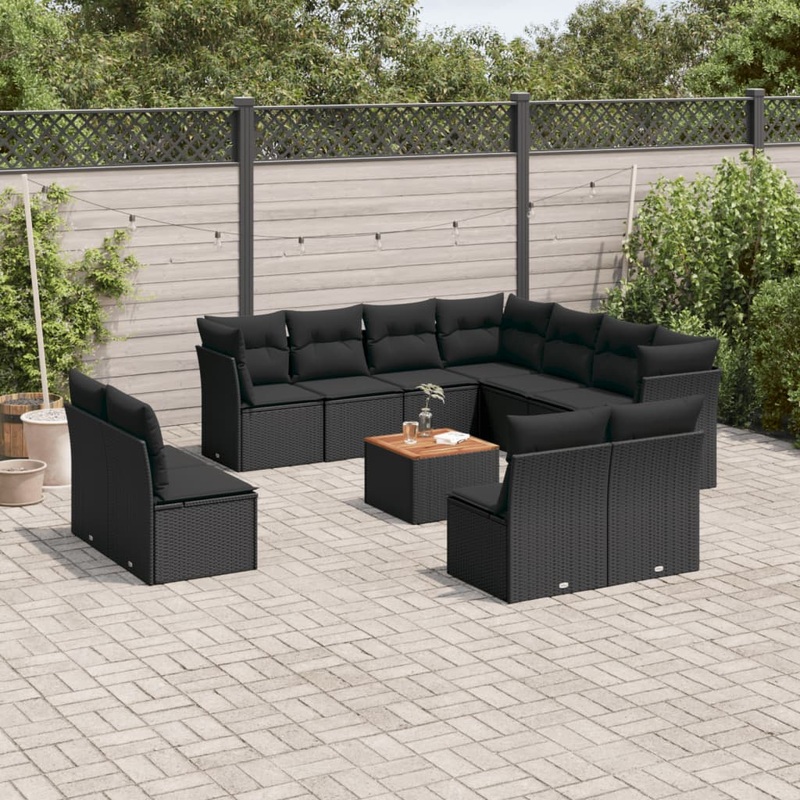 Salon de jardin 12 pcs avec coussins noir rsine tresse