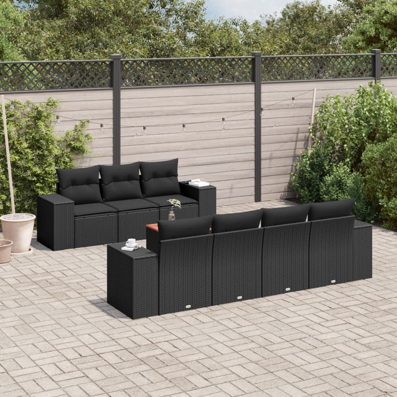 Salon de jardin 8 pcs avec coussins noir rsine tresse