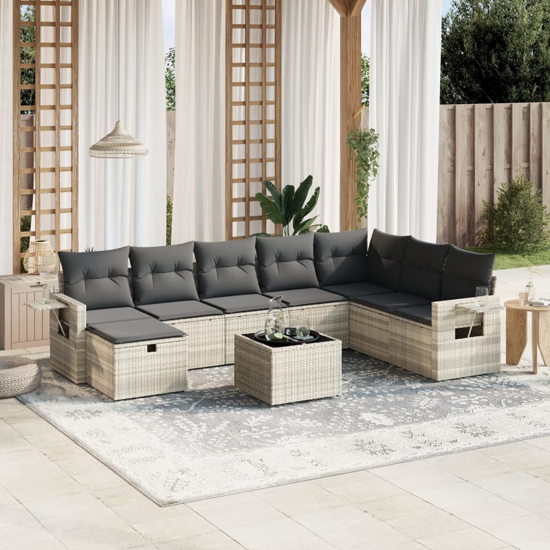Salon de jardin 9 pcs avec coussins gris clair rsine tresse