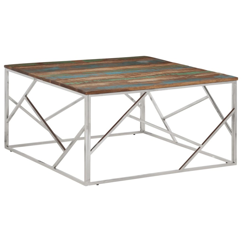Table basse argent acier inoxydable/bois massif rcupration
