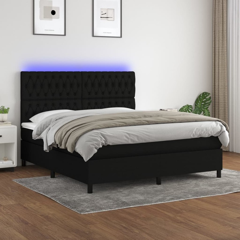 Sommier  lattes de lit et matelas et LED Noir 160x200 cm Tissu