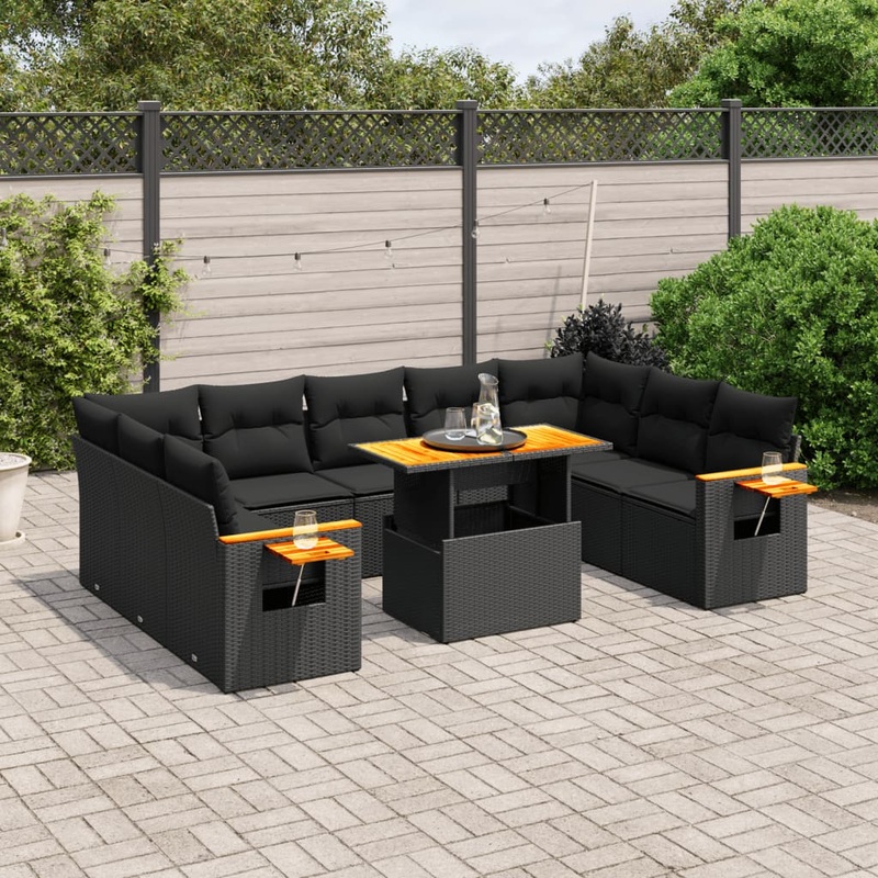 Salon de jardin 11 pcs avec coussins noir rsine tresse
