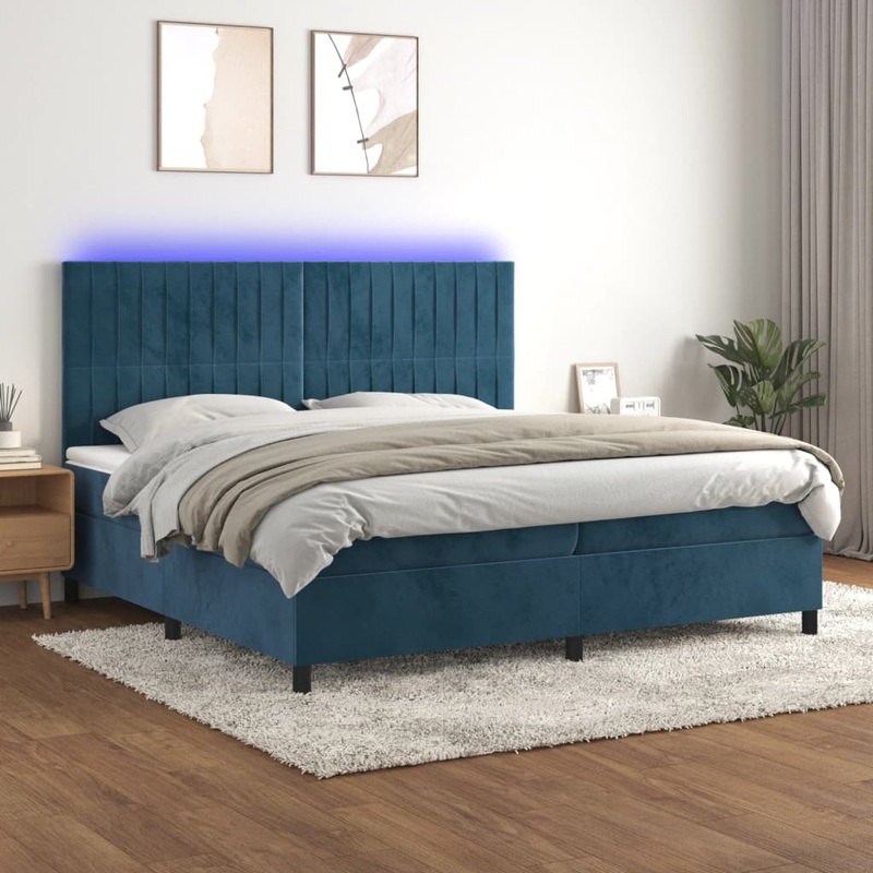 Sommier  lattes de lit matelas et LED Bleu fonc 200x200 cm